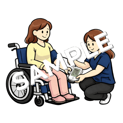 車椅子に座った女性患者の血圧測定をする女性理学療法士のイラスト