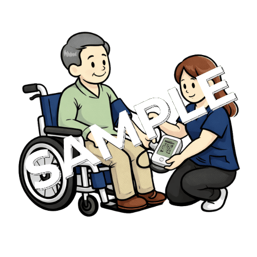 車椅子に座った男性患者の血圧測定をする女性理学療法士のイラスト