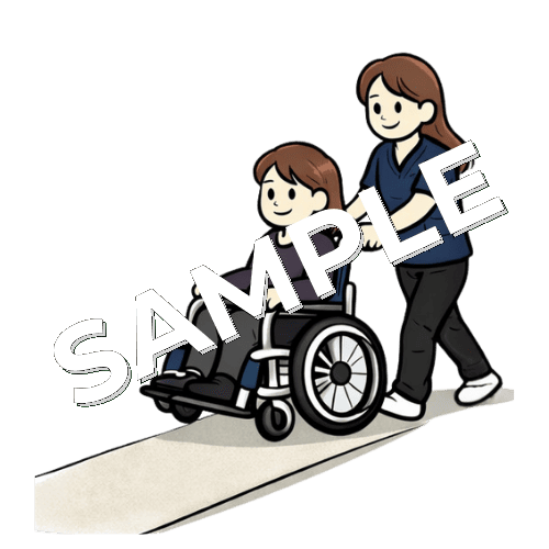 車椅子でスロープを上る女性患者と女性理学療法士のイラスト