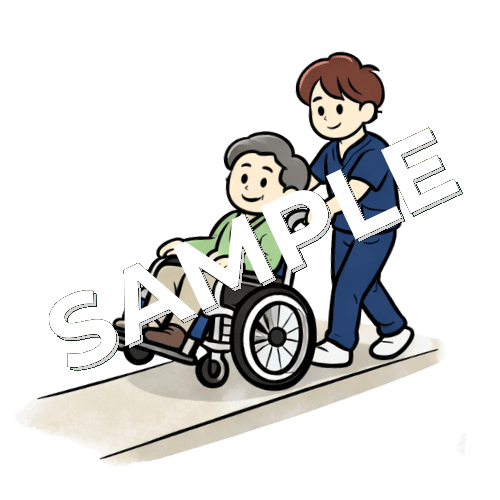 車椅子でスロープを上る男性患者と男性理学療法士のイラスト