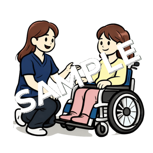 車椅子に座った女性患者と会話する女性理学療法士のイラスト