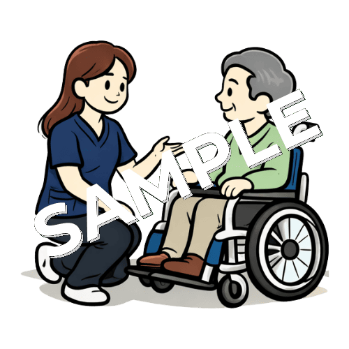 車椅子に座った男性患者と会話する女性理学療法士のイラスト