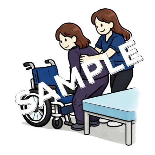 女性患者を車椅子から施術ベッドへ移乗介助する女性理学療法士のイラスト