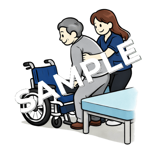 男性患者を車椅子から施術ベッドへ移乗介助する女性理学療法士のイラスト