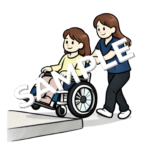 車椅子介助で段差を乗り越える女性理学療法士と女性患者のイラスト