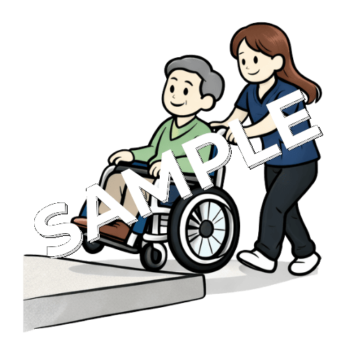 車椅子介助で段差を乗り越える女性理学療法士と男性患者のイラスト