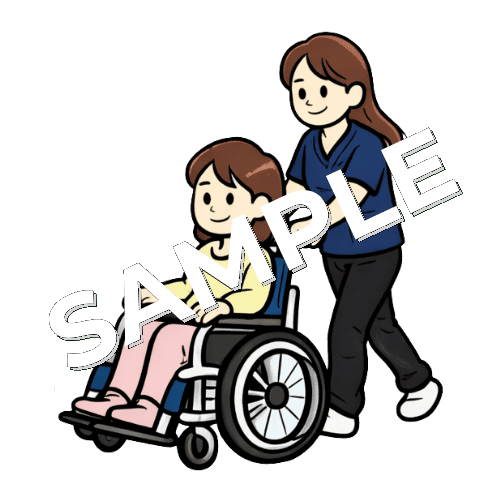 女性患者の車椅子誘導をする女性理学療法士のイラスト
