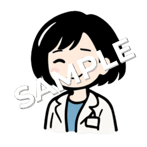 目を細めるボブヘアの女性薬剤師のイラスト