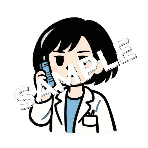 PHSで電話しているボブヘアの女性薬剤師のイラスト