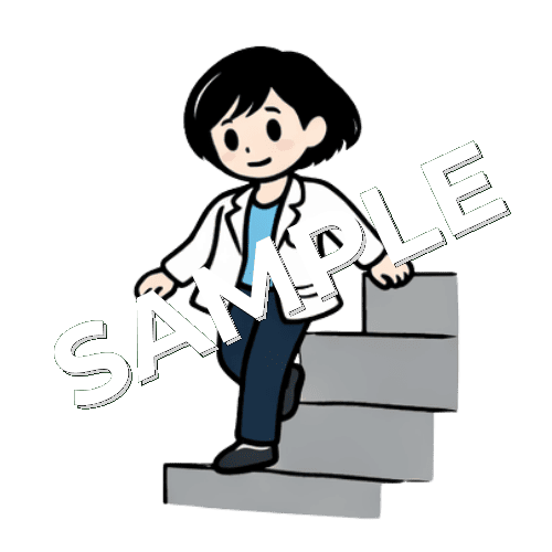 階段を下りるボブヘアの女性薬剤師のイラスト