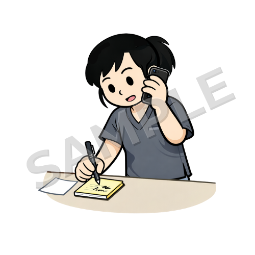 電話をしながらメモをする女性鍼灸師のイラスト