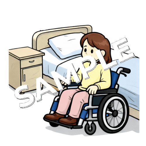 病室で車椅子に乗る女性患者のイラスト