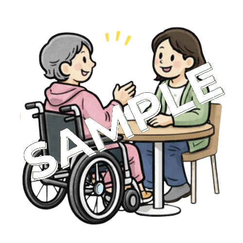面会に来た友人と話す車椅子女性患者のイラスト