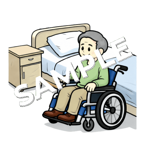病室で車椅子に乗る男性患者のイラスト