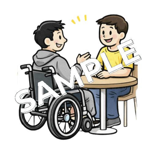 面会に来た友人と話す車椅子男性患者のイラスト