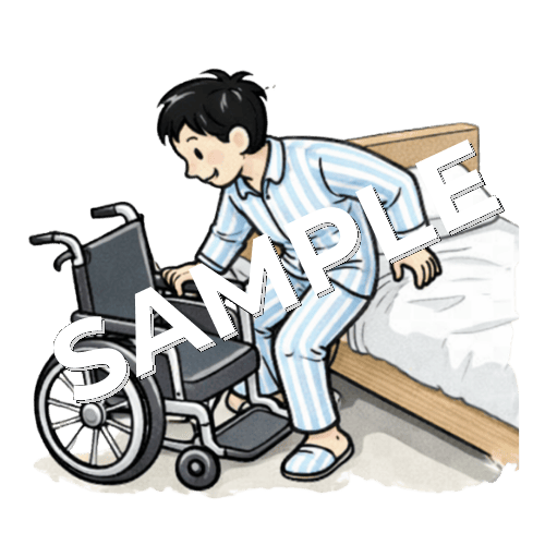 病室ベッドから車椅子に移乗する若い男性患者のイラスト