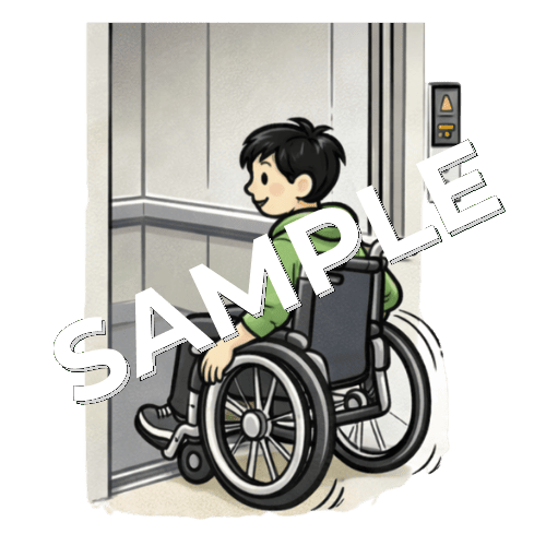 車椅子でエレベーターに乗る若い男性患者のイラスト