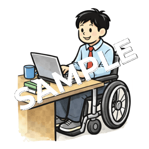 車椅子に座りながらpc作業をする若い男性患者のイラスト