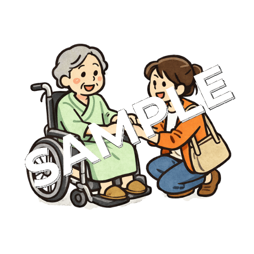 車椅子の高齢女性患者と面会に来た娘のイラスト