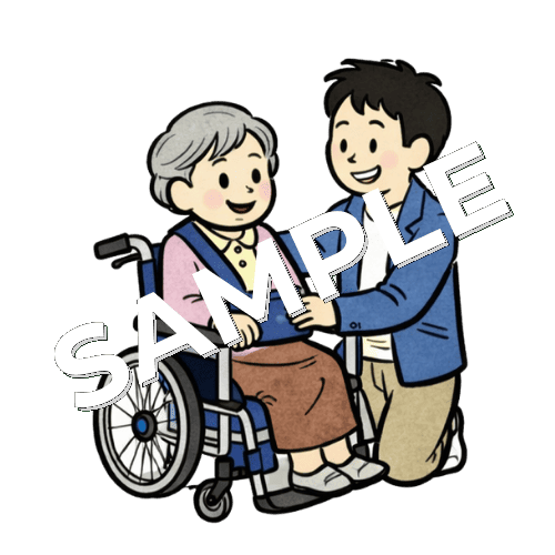 車椅子の高齢女性患者と面会に来た息子のイラスト