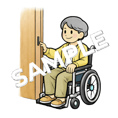 ドアを開ける車椅子女性患者のイラスト