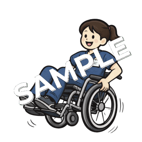 車椅子でウィリーをする女性理学療法士のイラスト