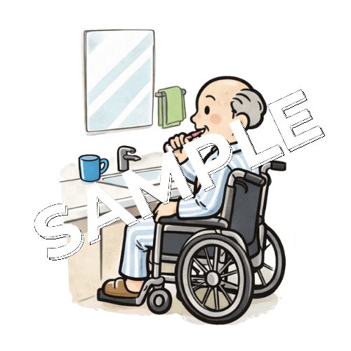 車椅子に座り洗面所で歯を磨く高齢男性患者のイラスト