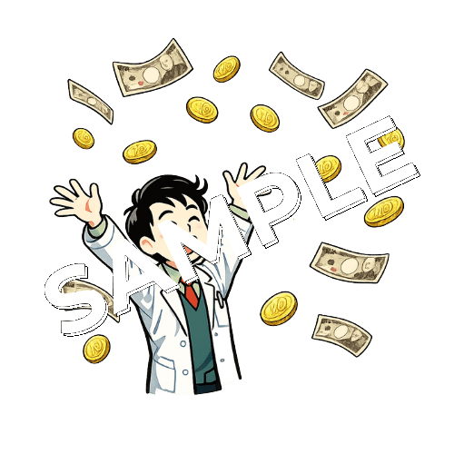 お金に喜ぶ男性薬剤師のイラスト