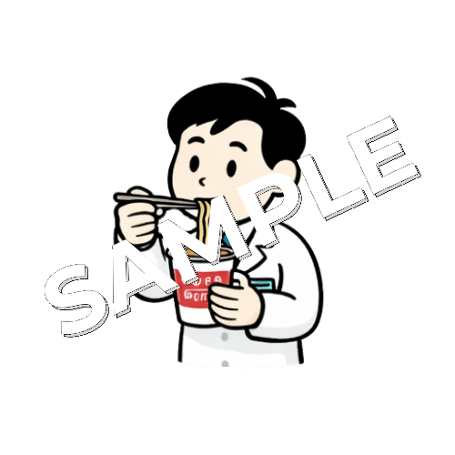 カップラーメンを食べる男性薬剤師のイラスト