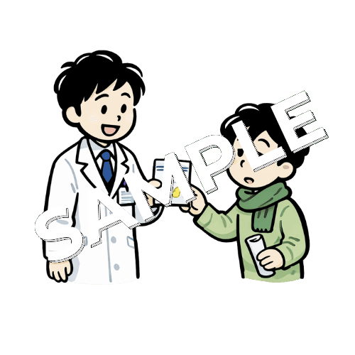 男性薬剤師が子供の患者に薬を手渡しているイラスト