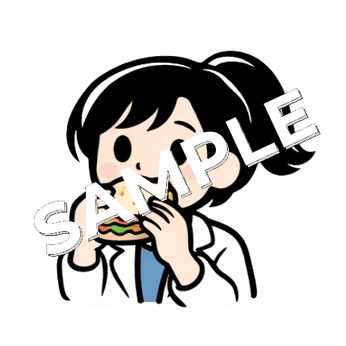サンドイッチを食べる女性薬剤師のイラスト