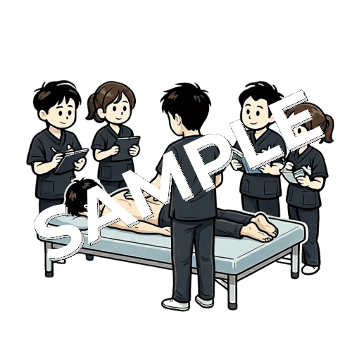 肩甲骨の治療の実技勉強会をしている柔道整復師のイラスト