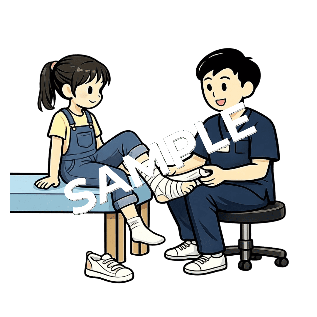 女の子の足にテーピングを巻く男性柔道整復師のイラスト