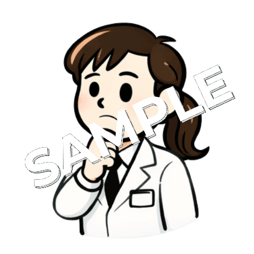 顎に手を当てて考える女性薬剤師のイラスト