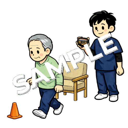 TUG歩行テストを行う患者と男性理学療法士のイラスト