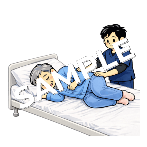 患者の寝返り介助を行う男性理学療法士のイラスト
