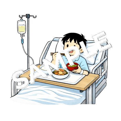 病院食を食べている男の子の患者のイラスト