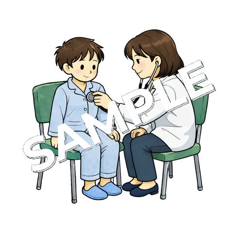 聴診器を当てられている男の子の患者のイラスト