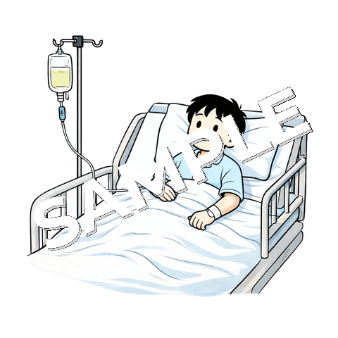 病院ベッドに寝ている男の子の患者のイラスト
