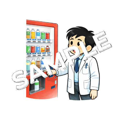 自動販売機で飲み物を買う男性薬剤師のイラスト