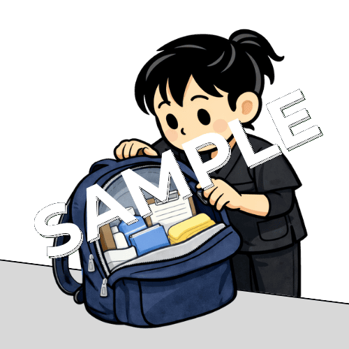 リュックの中身を確認する女性作業療法士のイラスト