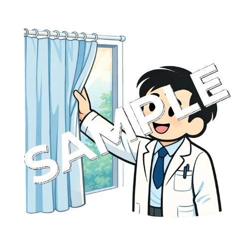 カーテンを閉める男性薬剤師のイラスト