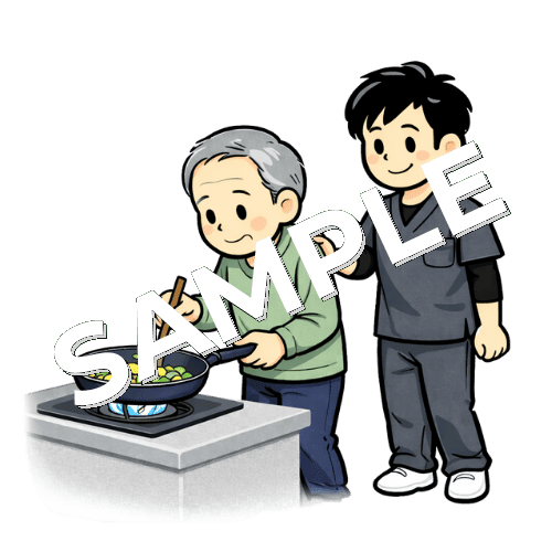 調理訓練で炒め物をする患者と男性作業療法士のイラスト