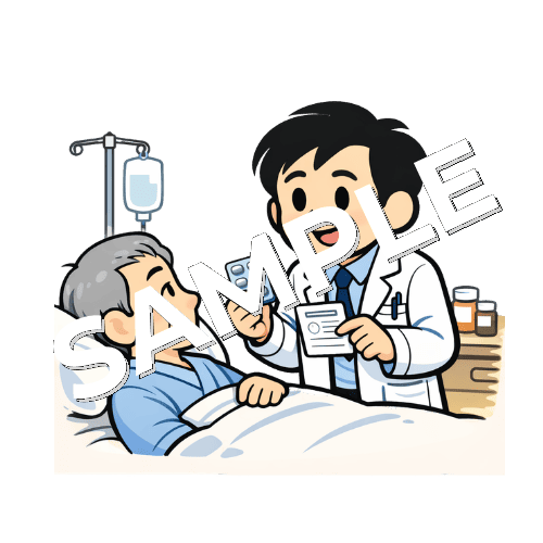 ベッドに寝ている高齢男性患者に服薬指導をする男性薬剤師のイラスト