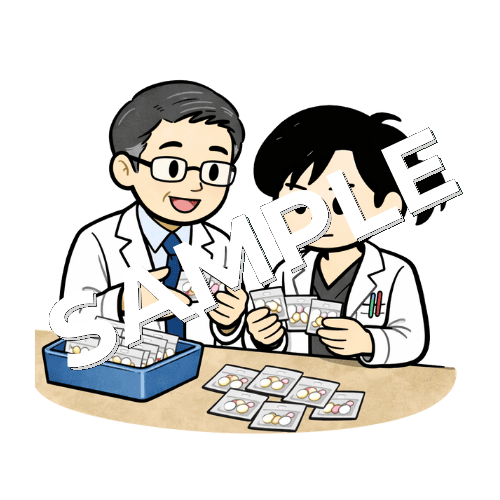 先輩薬剤師とダブルチェックをする女性薬剤師のイラスト