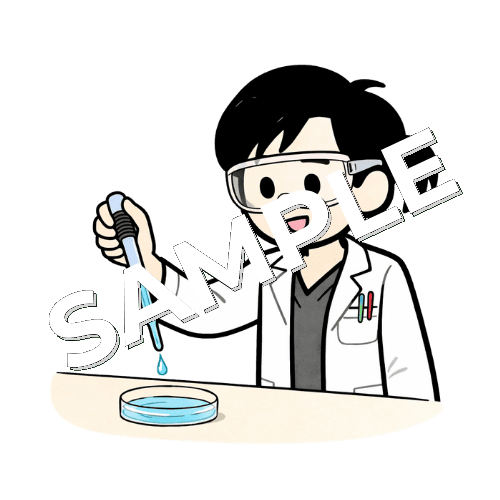 スポイトでシャーレに液体を入れている女性薬剤師のイラスト