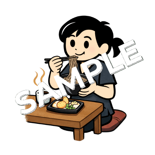 そばを食べる女性鍼灸師のイラスト