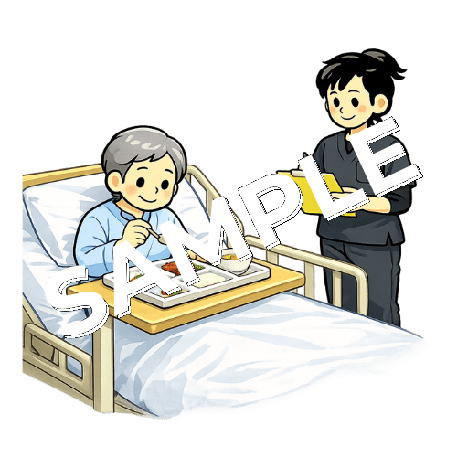 患者の食事評価を行う女性作業療法士のイラスト