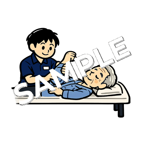 患者の肘関節屈曲ROM訓練をする男性理学療法士のイラスト