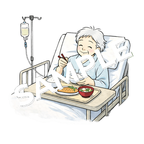 病院食を食べている高齢女性患者のイラスト